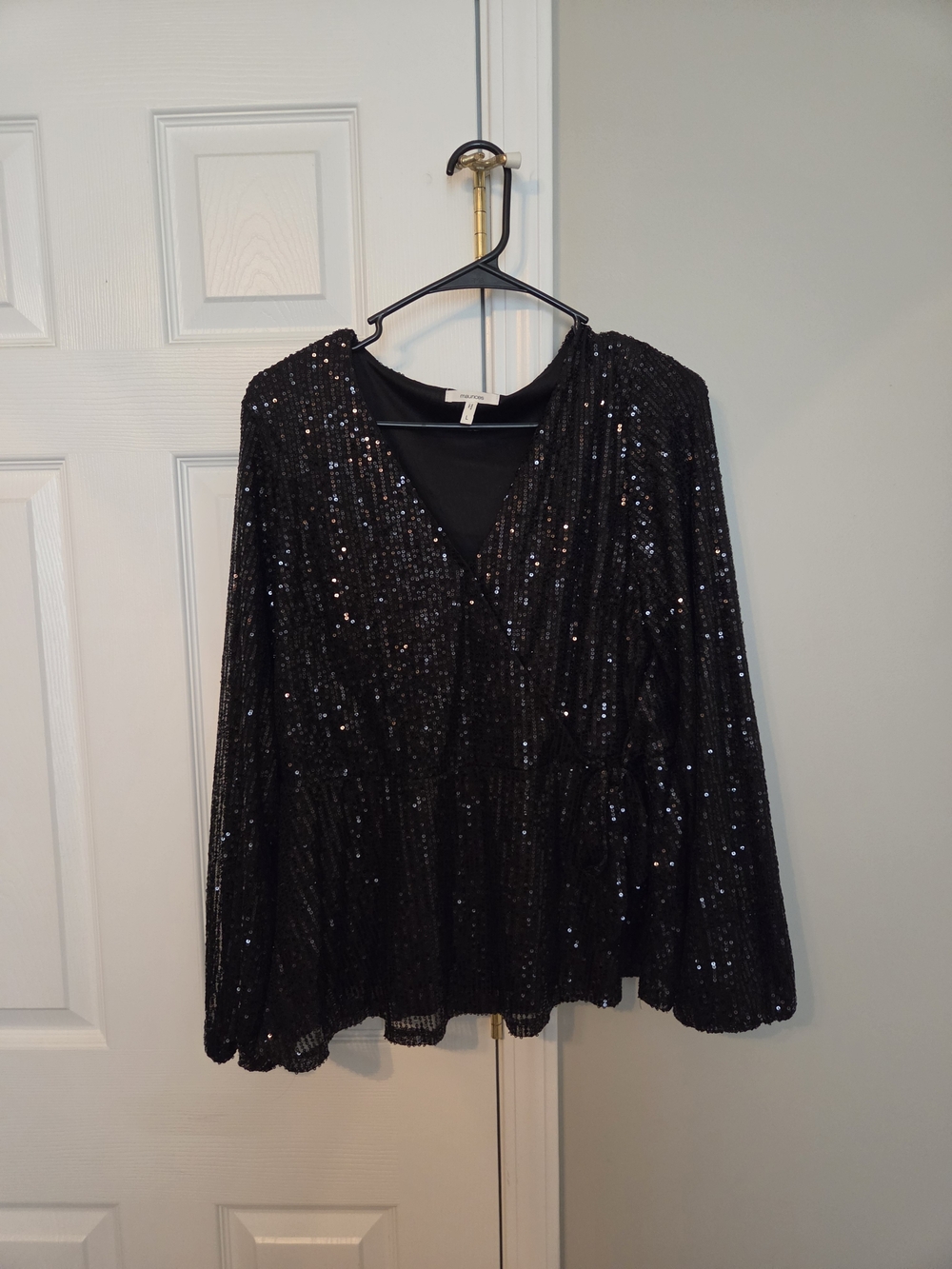Maurices Black Sequin V-Neck Long Sleeve Top